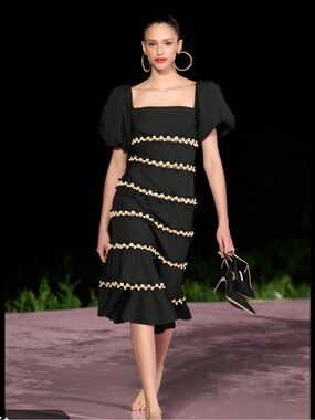 Carolina Herrera NWT $2190 S/S 2024 Black Ruffle Midi Dress with Cream Trim